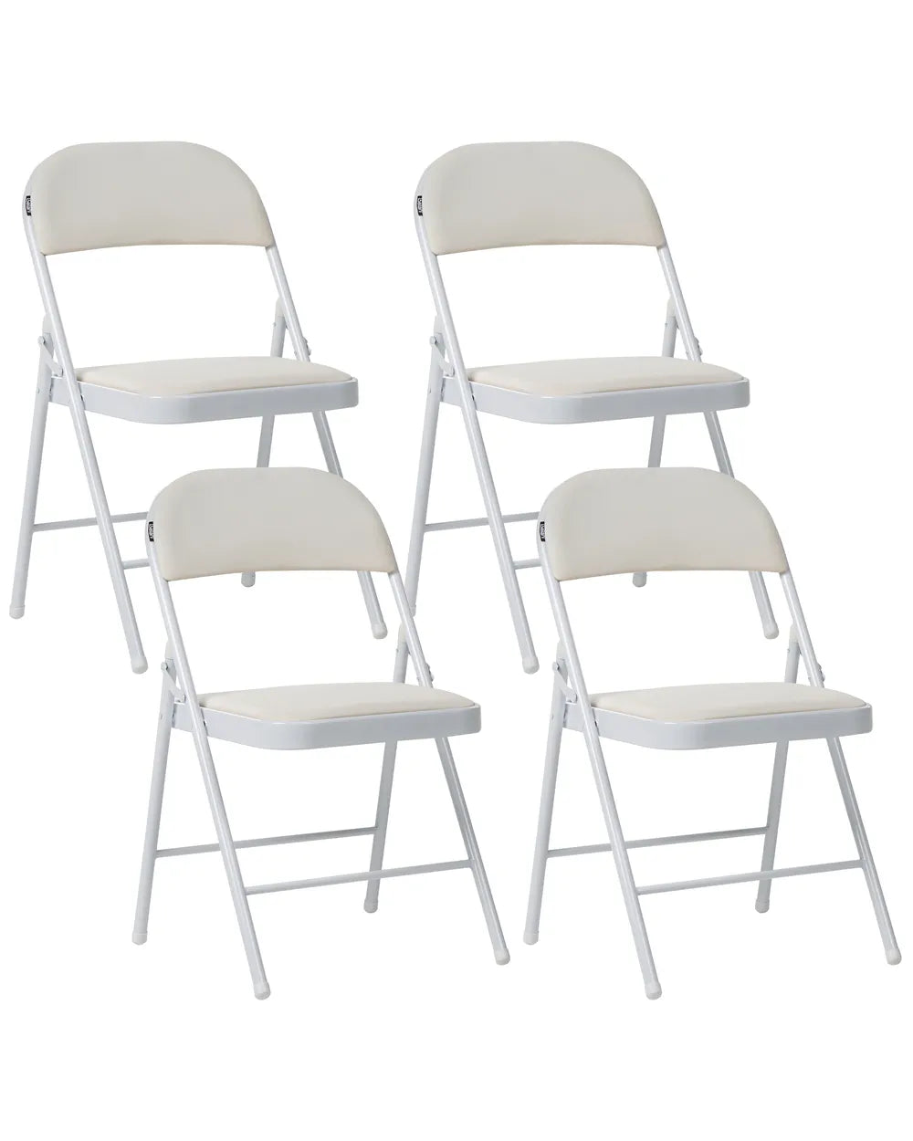 Set of four white folding chairs with beige cushions on a white background