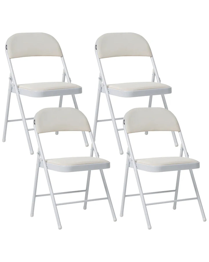 Set of four white folding chairs with beige cushions on a white background