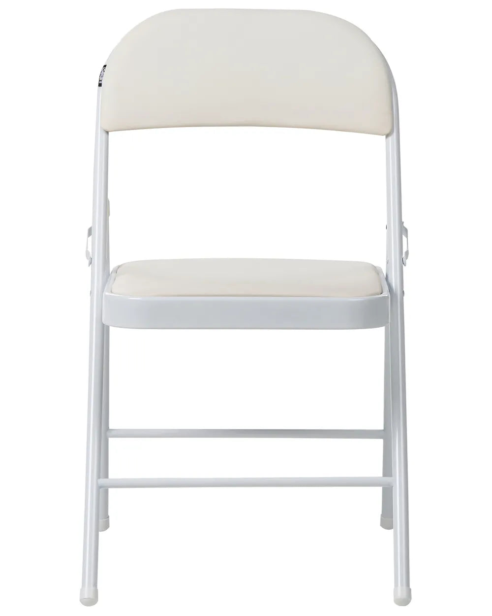 A folding chair with a cream-colored padded seat and backrest on a white metal frame, shown against a plain white background.