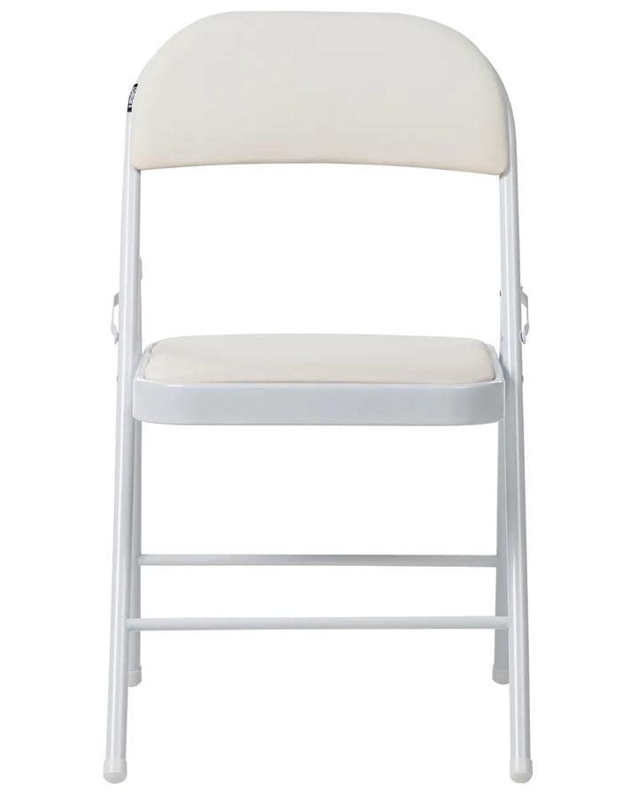 A folding chair with a cream-colored padded seat and backrest on a white metal frame, shown against a plain white background.