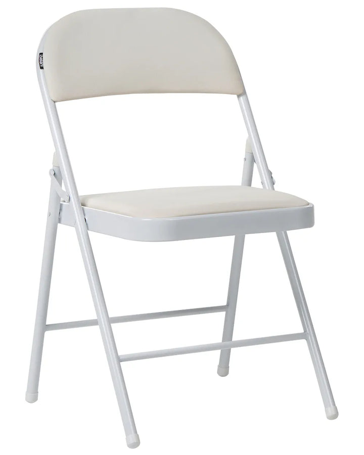 White folding chair with beige cushion on a white background