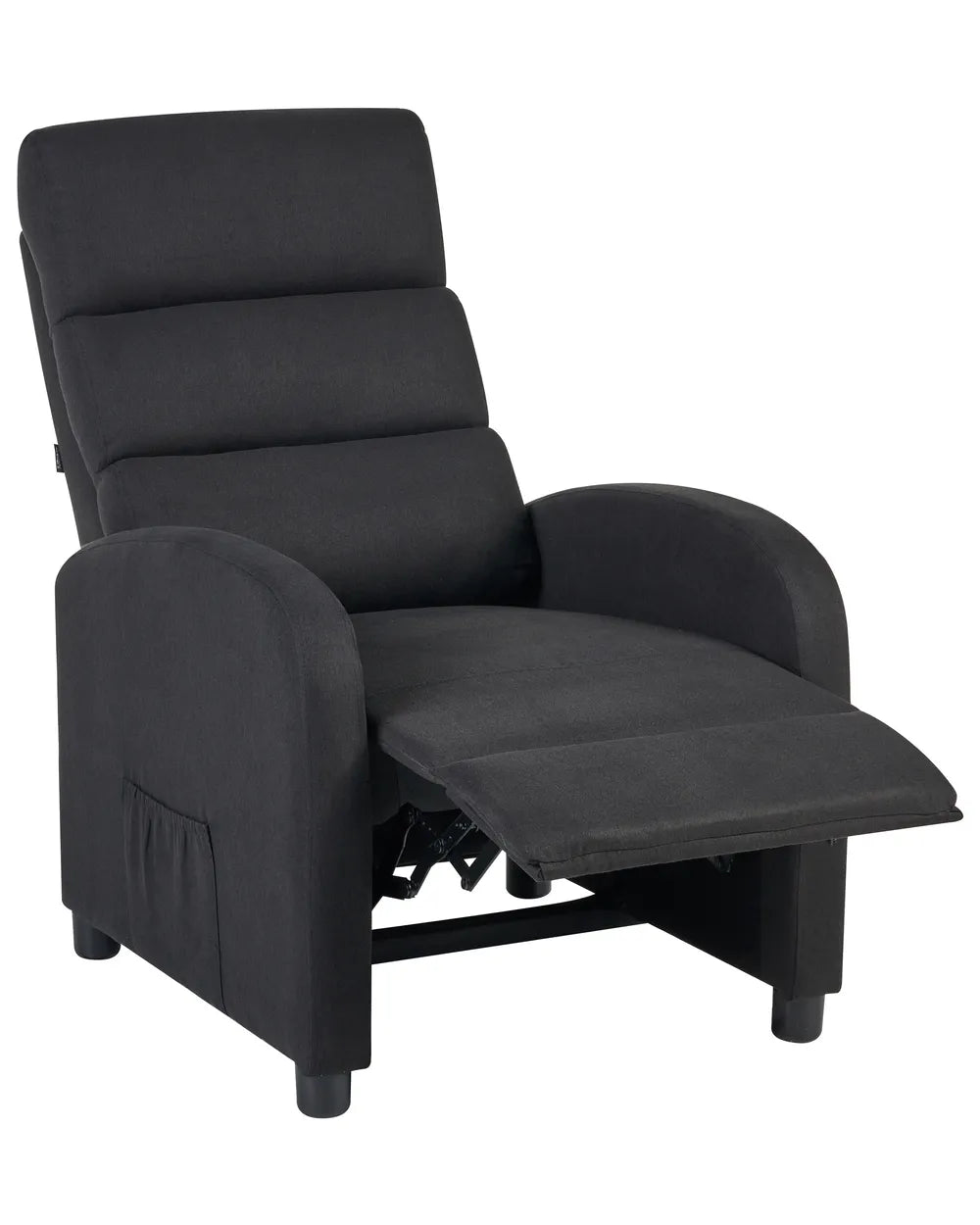A black fabric recliner chair with the footrest extended, shown against a plain white background.