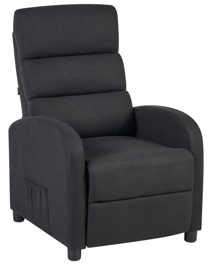 A black fabric recliner chair with a high back, padded armrests, and a footrest extension, shown against a plain white background.