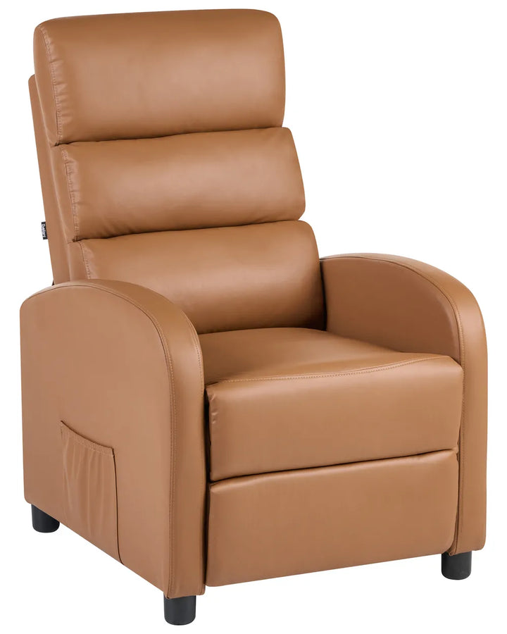 A tan faux leather recliner chair with a high back, segmented cushioning, and dark feet, shown on a plain white background.