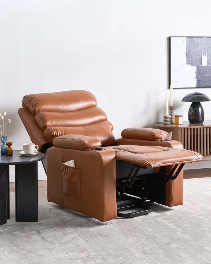 A tan faux leather recliner chair with a fully extended footrest.