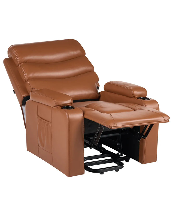 A tan faux leather recliner chair with a fully extended footrest, shown from a three-quarter angle against a plain white background.
