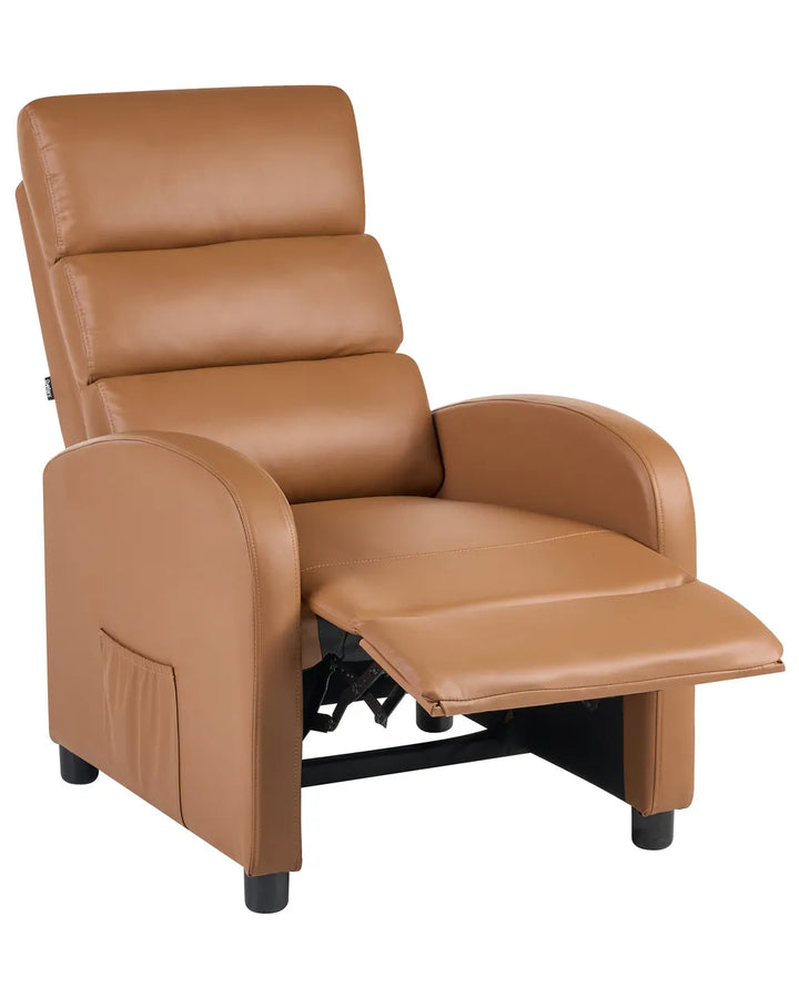 A tan faux leather recliner chair with a fully extended footrest, shown from a three-quarter angle against a plain white background.