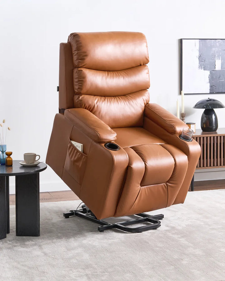 A tan faux leather recliner chair with a fully extended footrest.