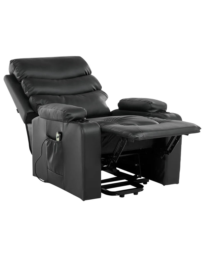 Black faux leather recliner chair with extended footrest and side pocket, shown on a plain white background.