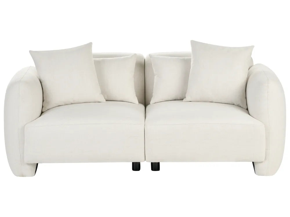 A modern two-seater sofa upholstered in off-white fabric, featuring four matching square throw pillows and small black cylindrical feet, shown against a plain white background.