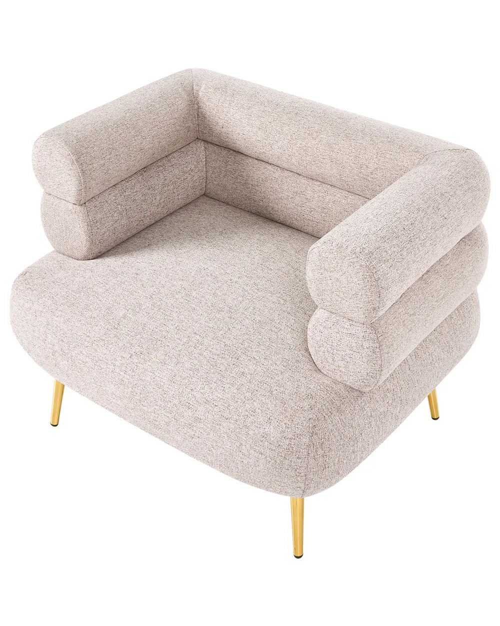 A modern low-profile accent chair upholstered in a textured light beige fabric, featuring stacked cylindrical armrests and slim gold metal legs, shown on a solid white background.