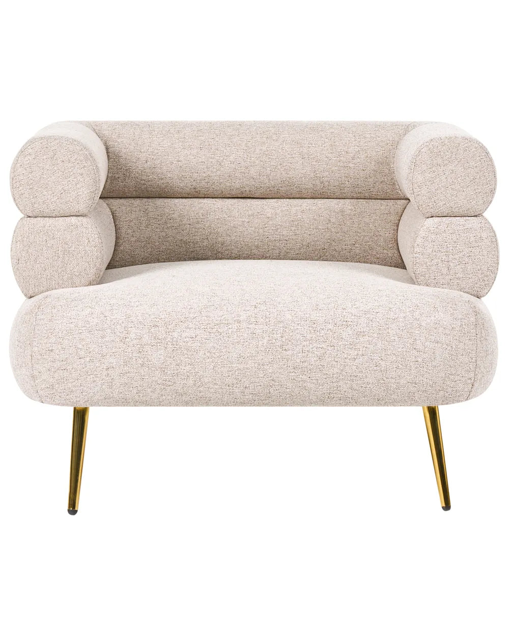 A modern upholstered accent chair with a textured beige fabric and tapered gold metal legs, shown against a plain white background.