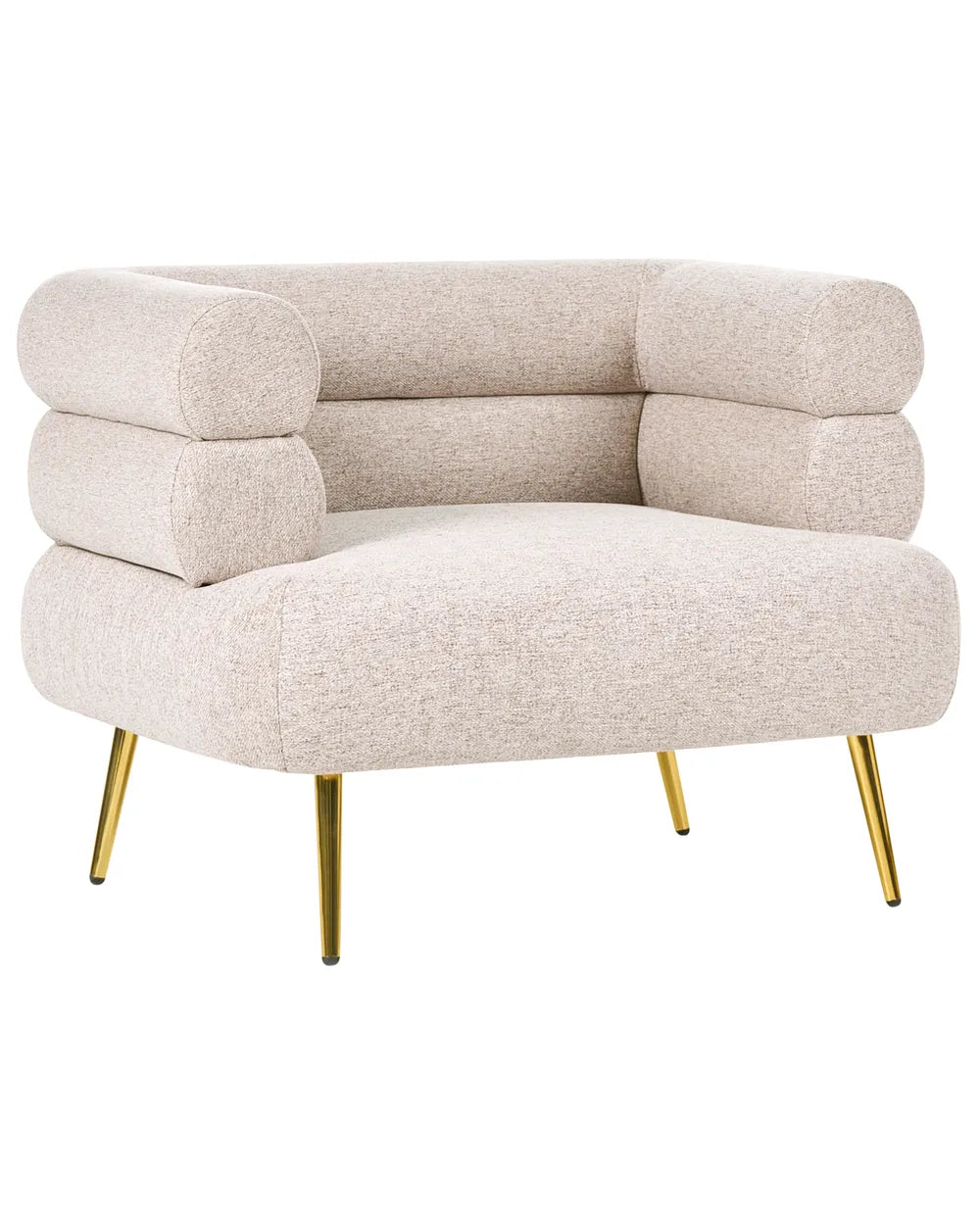 A modern low-profile accent chair upholstered in a textured beige bouclé fabric, featuring stacked cylindrical armrests and slim gold metal legs, shown against a plain white background.