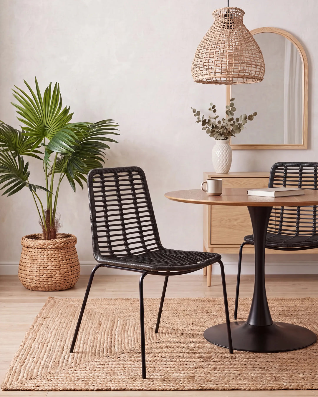 Two black metal dining chairs with woven slatted backs and seats.