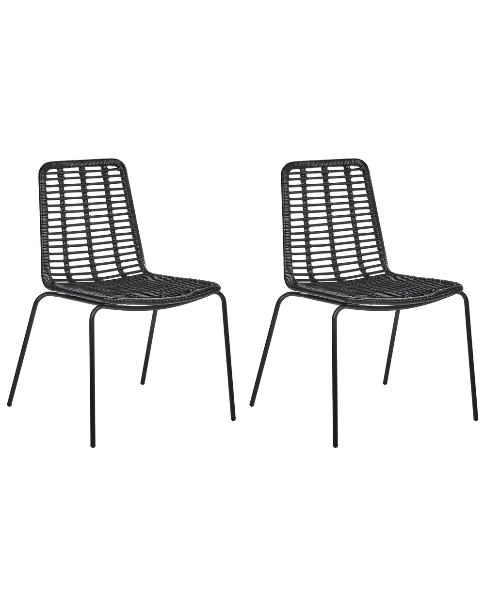 Two black metal dining chairs with woven slatted backs and seats, shown side by side on a plain white background.
