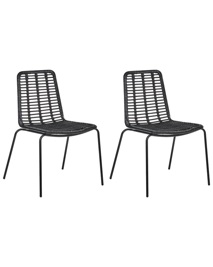 Two black metal dining chairs with woven slatted backs and seats, shown side by side on a plain white background.