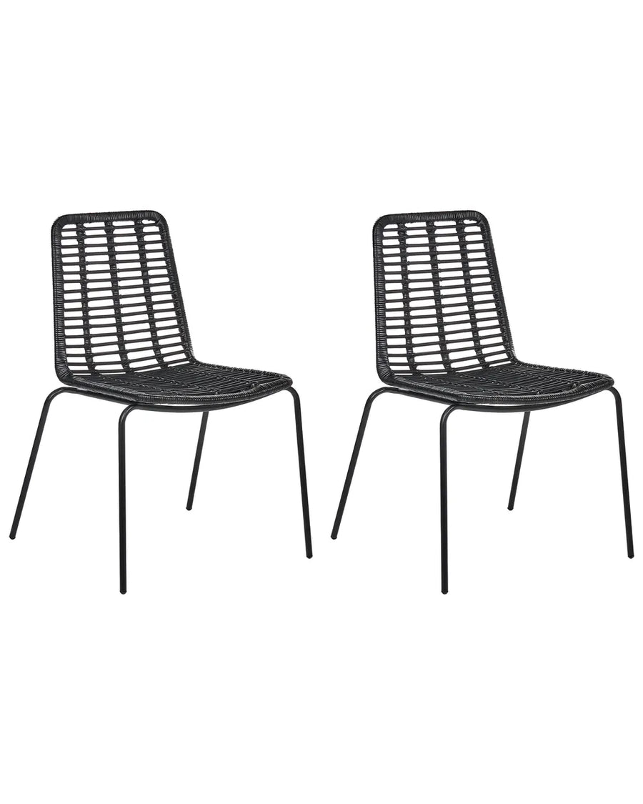 Two black metal dining chairs with woven slatted backs and seats, shown side by side on a plain white background.