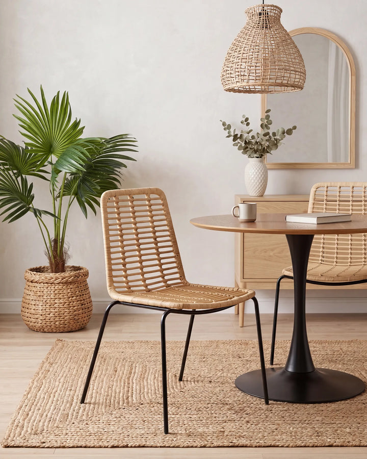 A styled interior scene showing a woven rattan dining chair beside a round wooden table with a black pedestal base, another matching chair partially visible, a woven pendant lamp, a plant in a woven planter, and a light neutral wall.