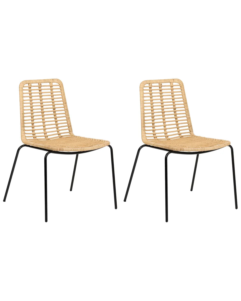 Two modern dining chairs with woven natural rattan seats and backs and black metal legs, shown on a plain white background.
