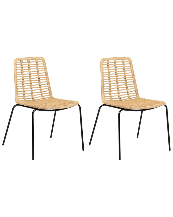 Two modern dining chairs with woven natural rattan seats and backs and black metal legs, shown on a plain white background.