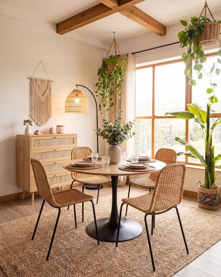 A round dining table with a black pedestal base and four woven wicker chairs, set on a large natural jute rug in a bright, modern dining room with wooden ceiling beams, a window, and potted plants.
