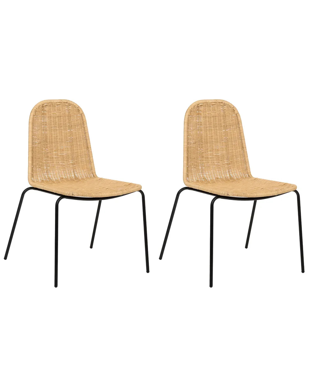 Two matching dining chairs with woven natural rattan seats and backs and slim black metal legs, shown side by side on a plain white background.