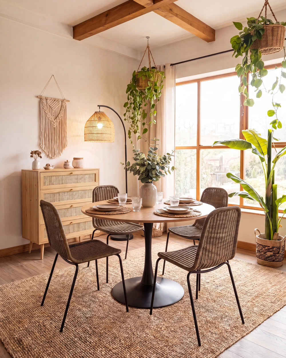 A round wooden dining table with a black pedestal base, surrounded by four woven wicker chairs, set on a large natural jute rug in a bright, modern boho dining room with wooden ceiling beams and potted plants.