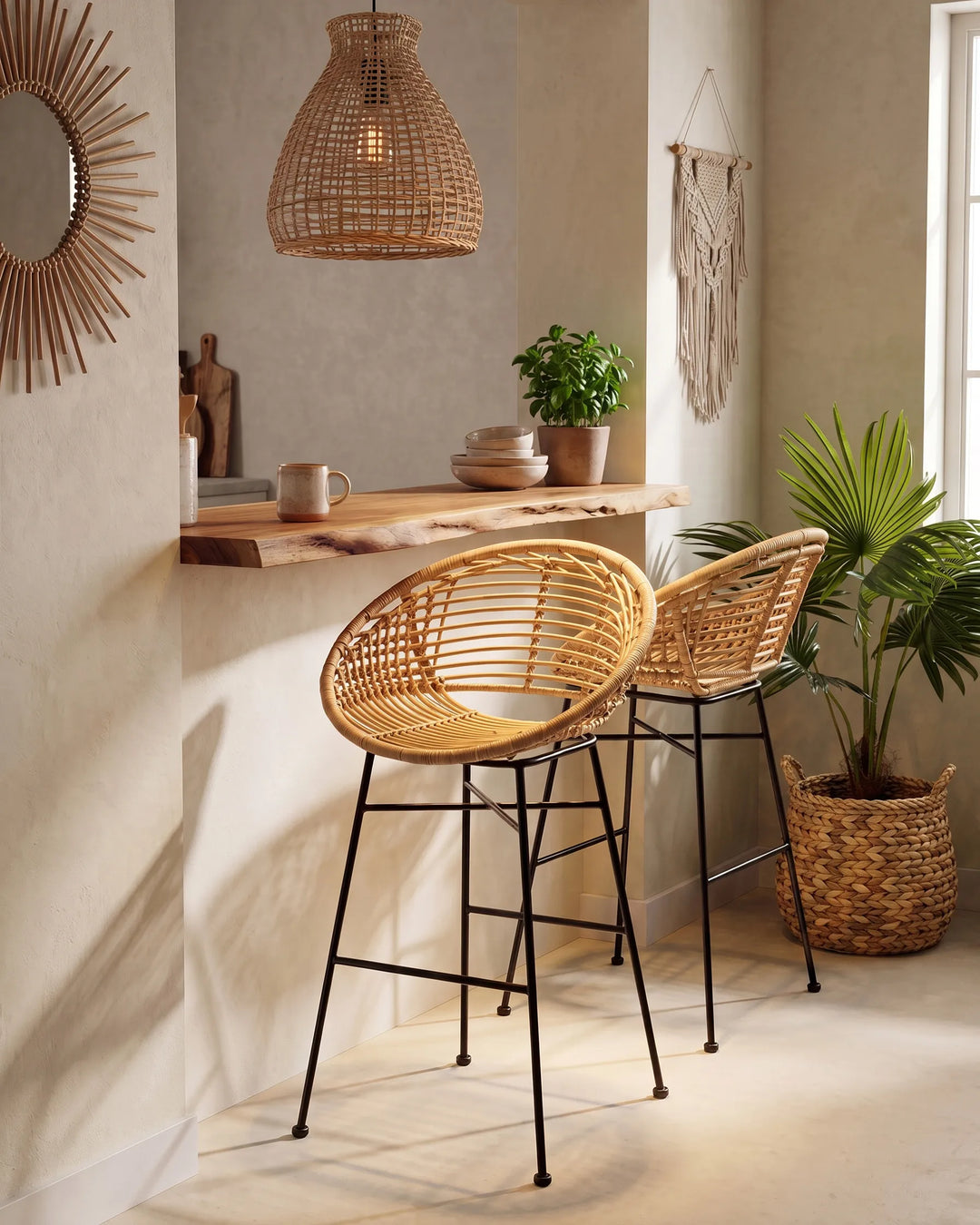 Natural rattan bar chairs with black frames