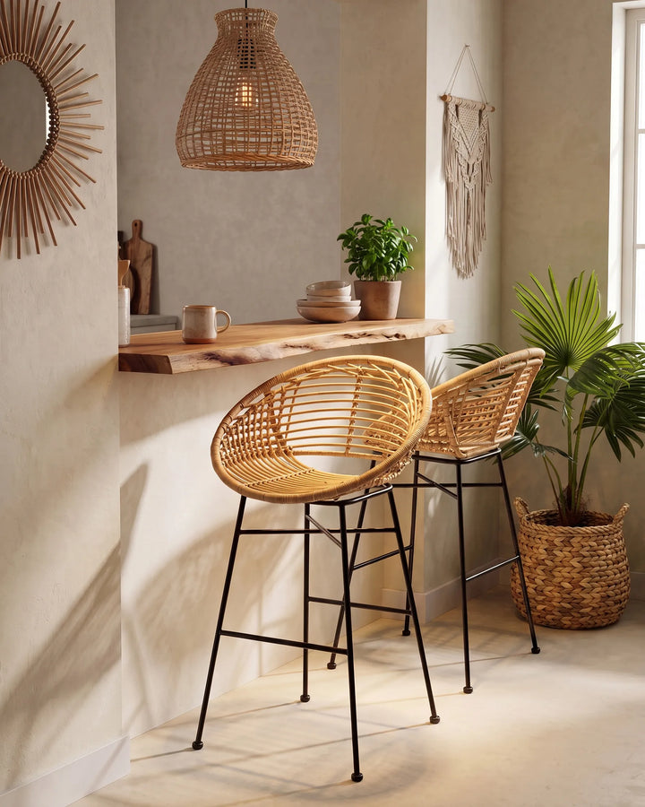Natural rattan bar chairs with black frames