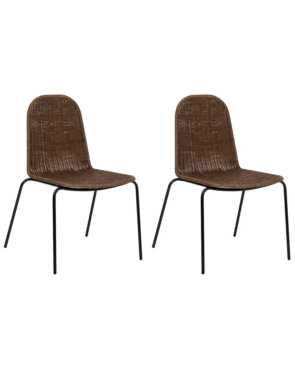 Two matching dining chairs with woven brown seats and backs and black metal legs, shown side by side on a plain white background.