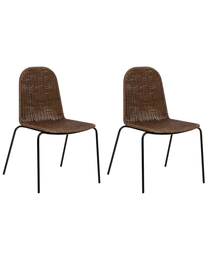 Two matching dining chairs with woven brown seats and backs and black metal legs, shown side by side on a plain white background.