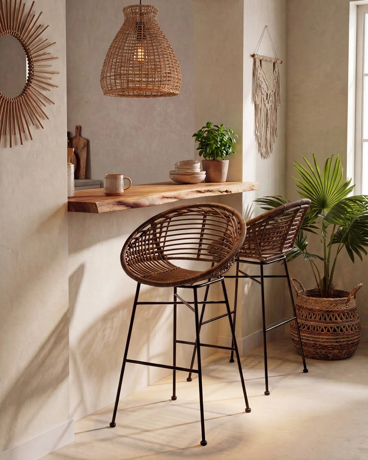 Brown rattan bar chairs with black frames