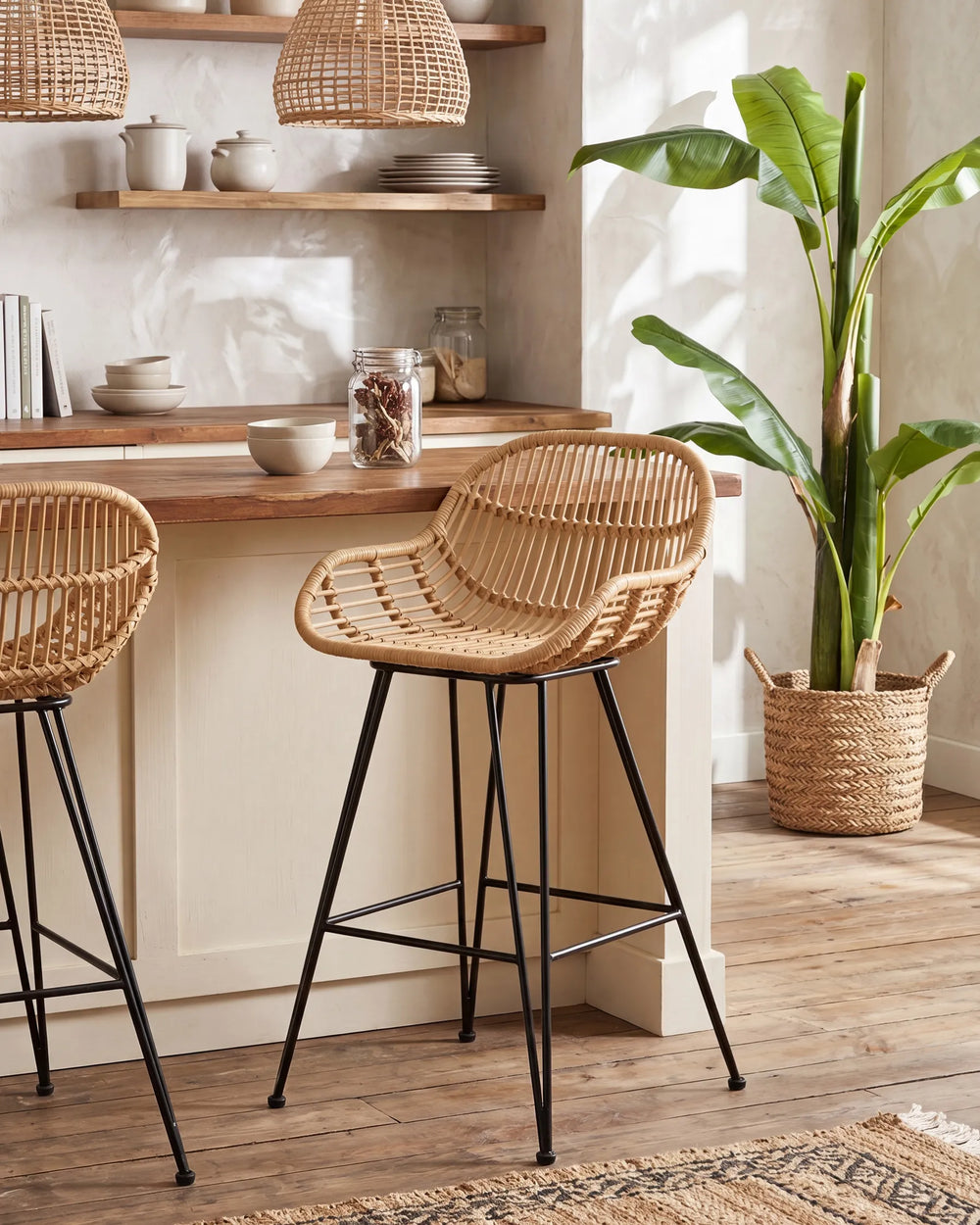Natural rattan bar chairs with black frames