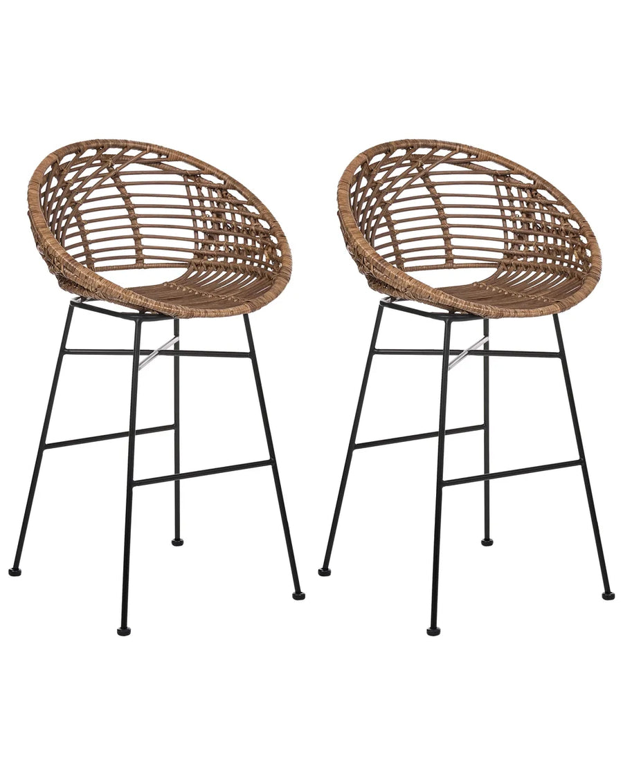 Set of 2 brown rattan bar chairs