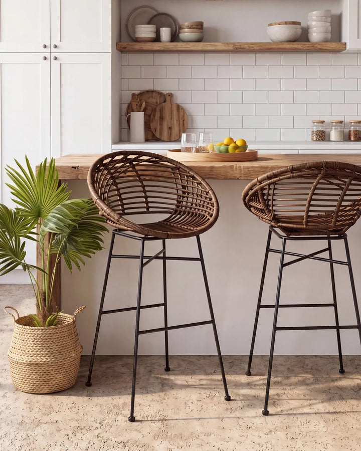 Woven brown rattan bar chair set
