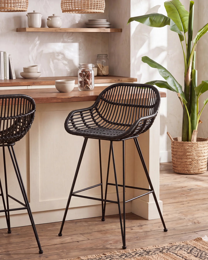 Black rattan bar chairs with black frames