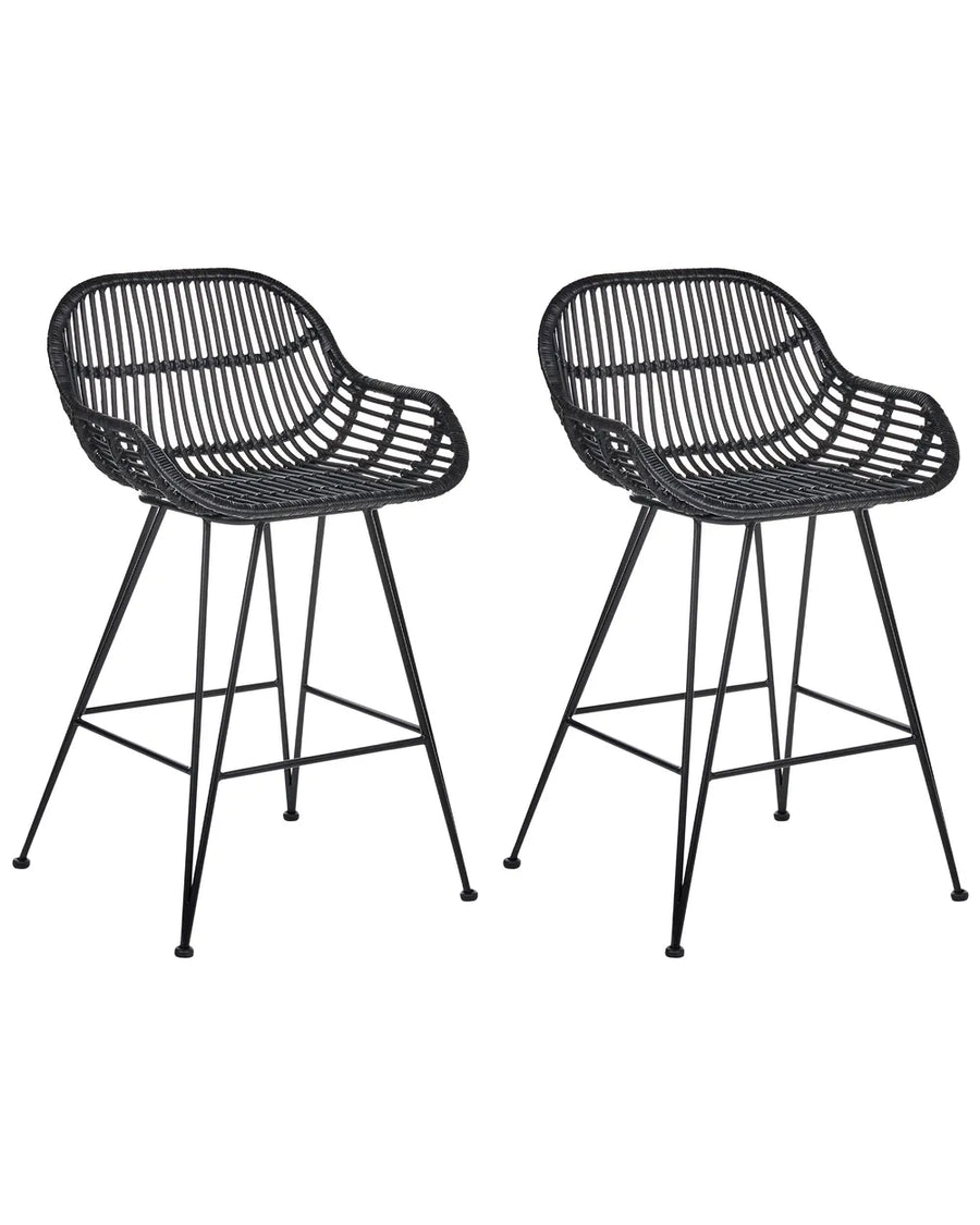 Set of 2 black rattan bar chairs