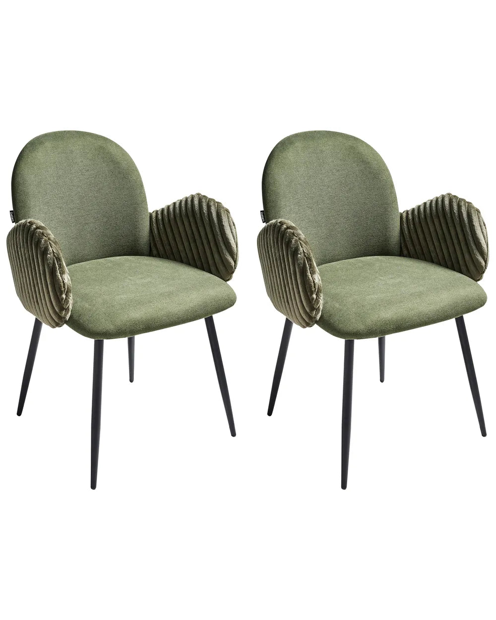 Two green chairs with unique armrest designs on a white background