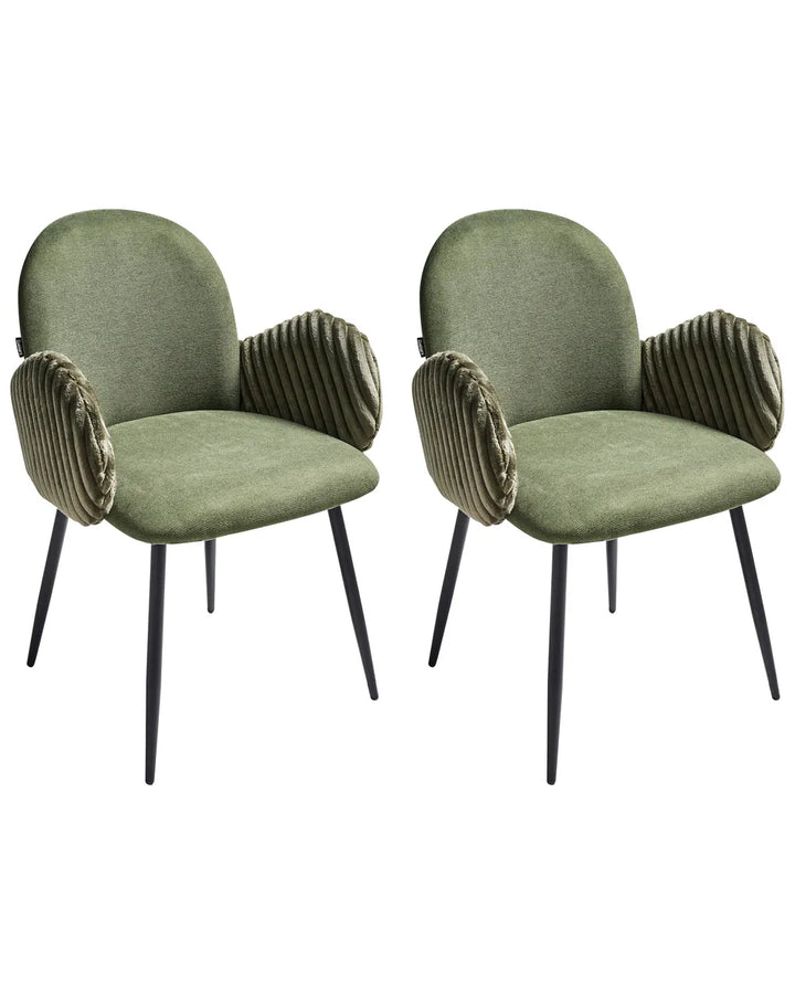 Two green chairs with unique armrest designs on a white background