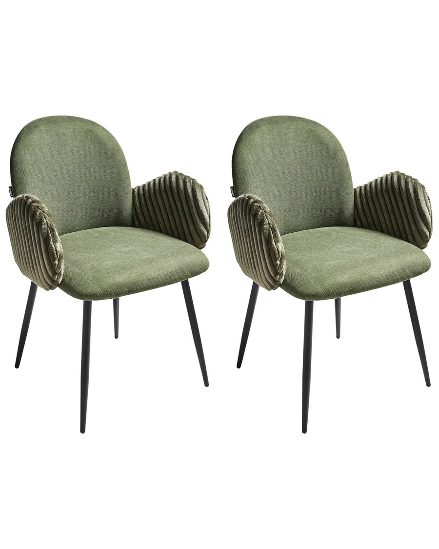 Two green chairs with unique armrest designs on a white background