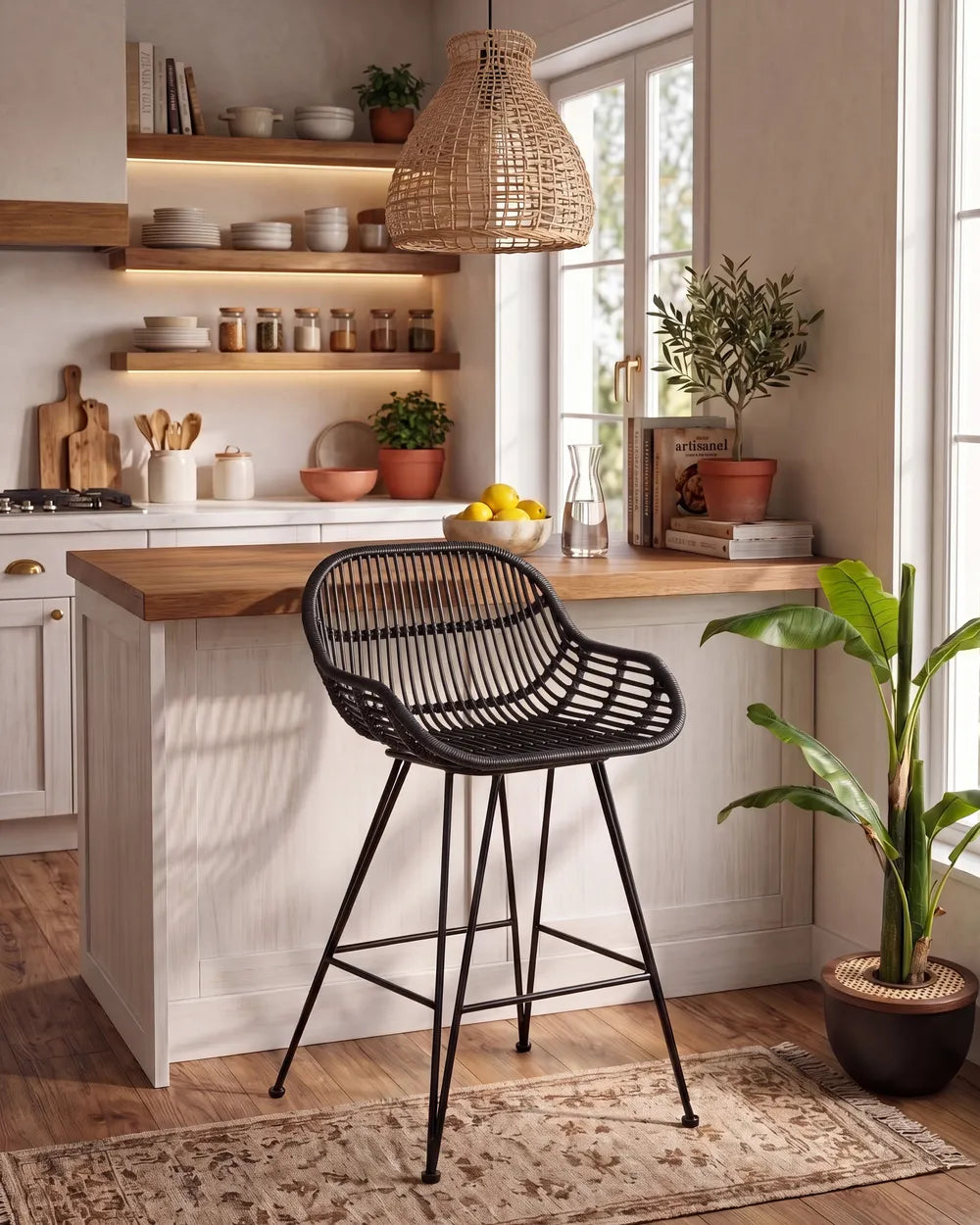 Woven black rattan bar chair set