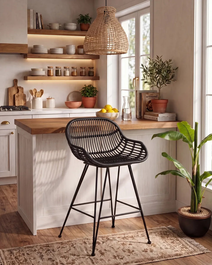 Woven black rattan bar chair set