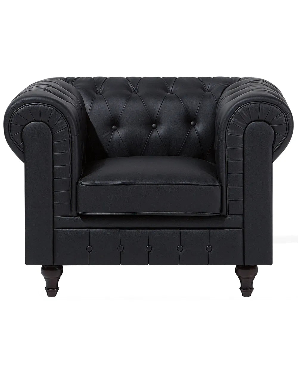 A black leather Chesterfield armchair with tufted button detailing on the backrest and arms, a padded seat cushion, and dark turned legs, shown against a plain white background.