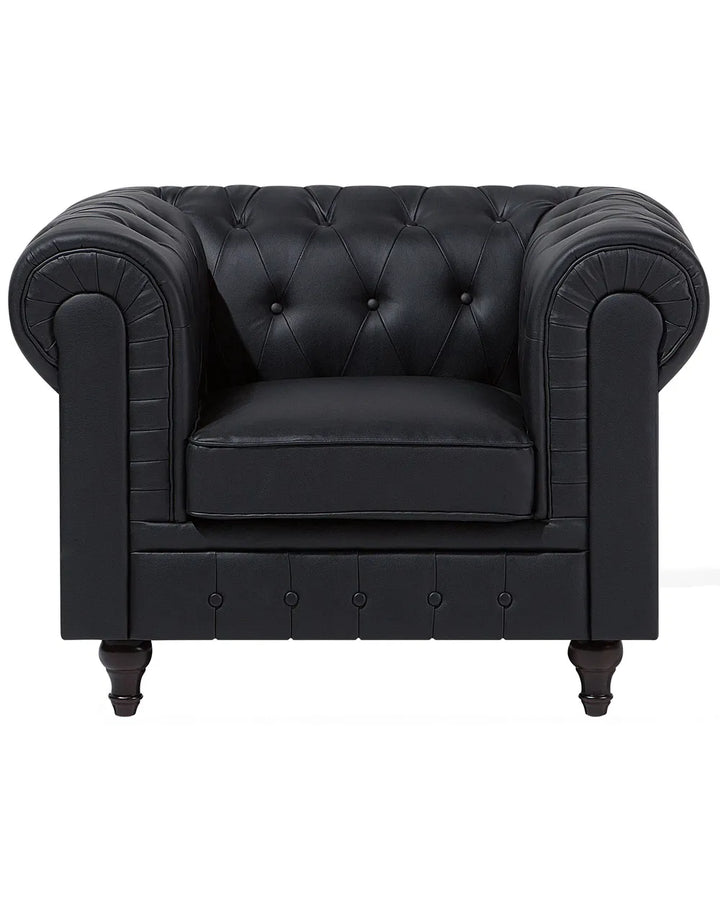 A black leather Chesterfield armchair with tufted button detailing on the backrest and arms, a padded seat cushion, and dark turned legs, shown against a plain white background.
