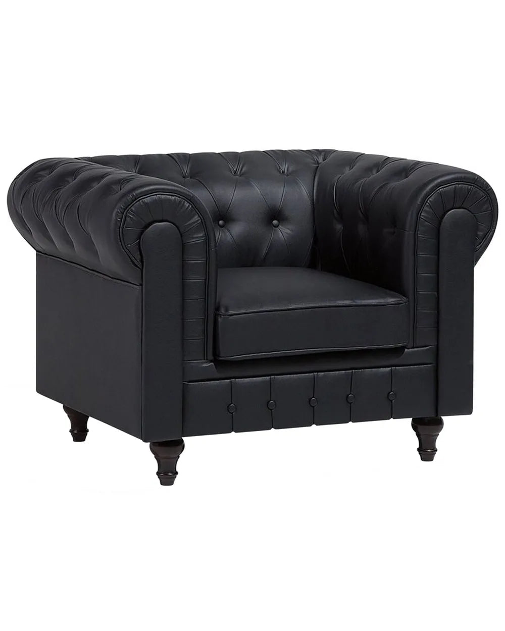 A classic Chesterfield armchair in black leather, featuring deep button tufting on the backrest and sides, rolled arms, a thick seat cushion, and dark turned legs, shown against a plain white background.