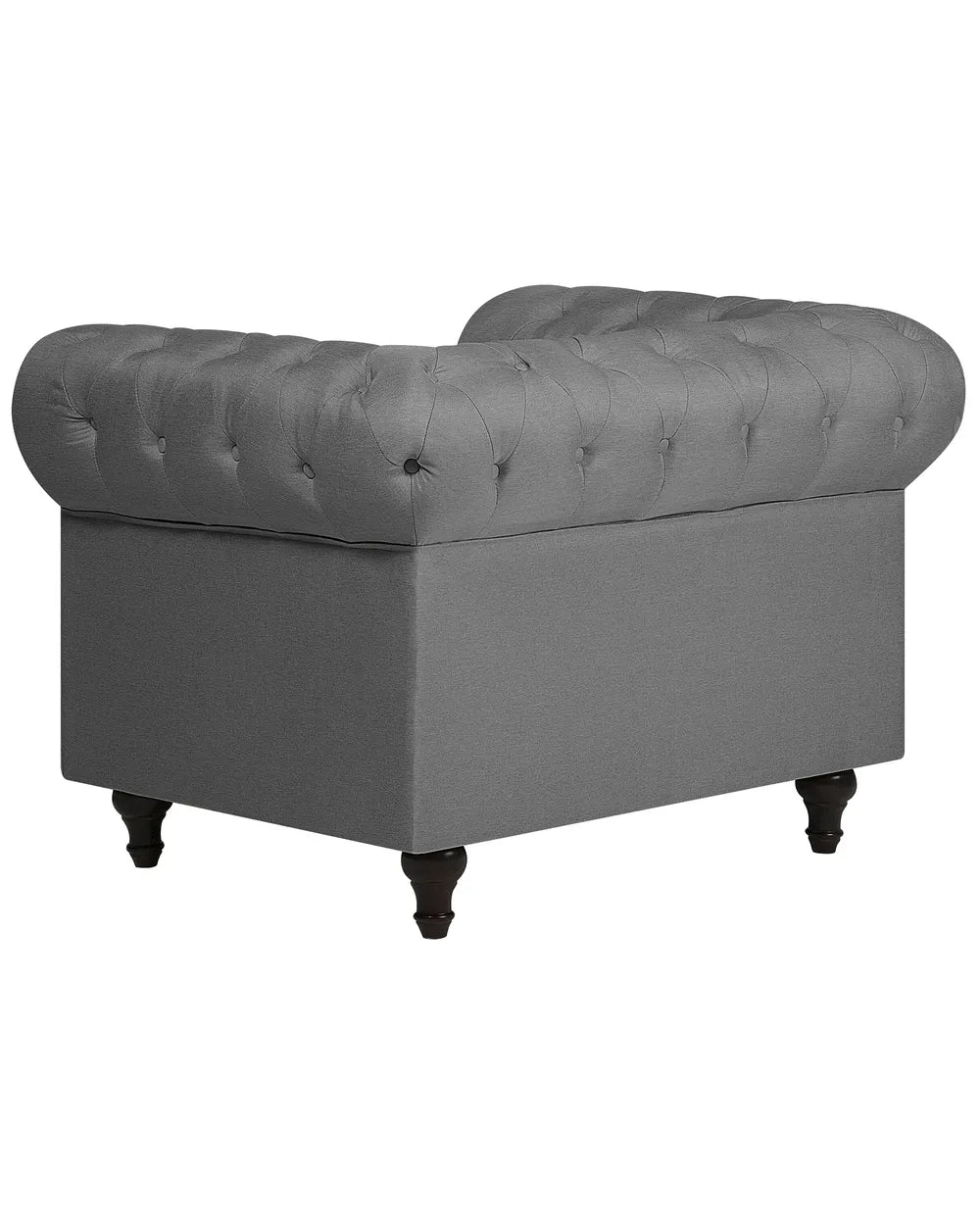 Gray tufted armchair on a white background