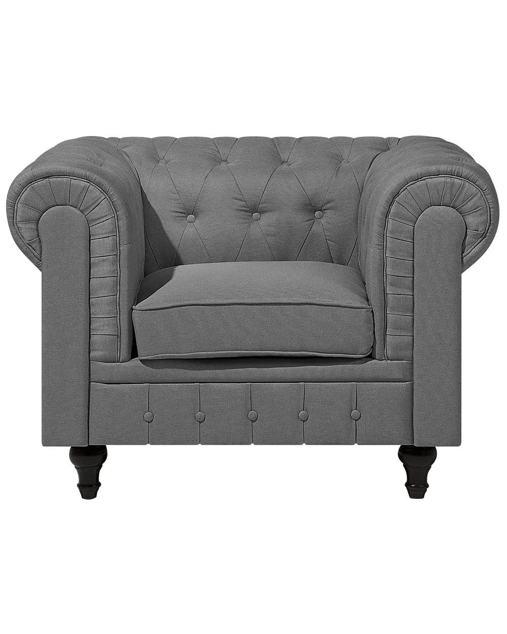 Gray tufted armchair on a white background