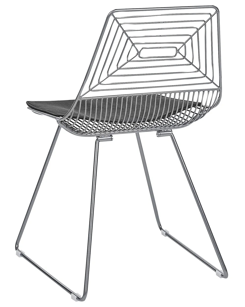 A modern wireframe dining chair with a geometric backrest and seat, featuring a dark gray cushion on a polished silver metal frame.