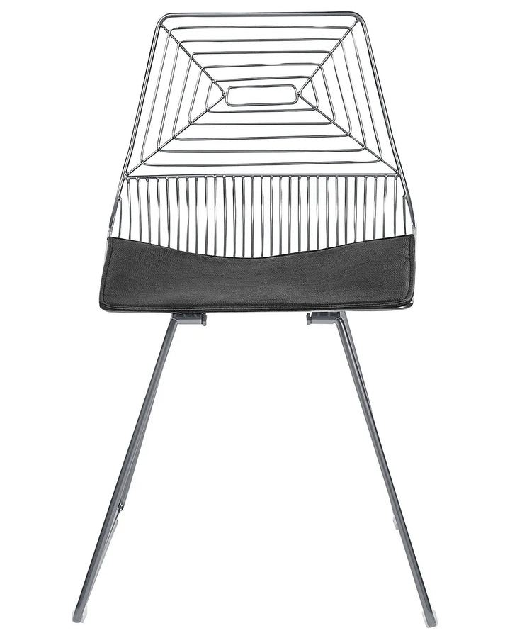 A modern wireframe dining chair with a geometric backrest and seat.