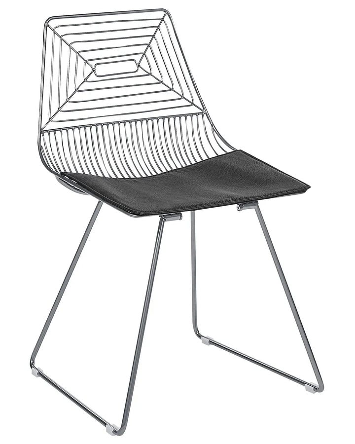 A modern wireframe dining chair with a geometric backrest and seat.